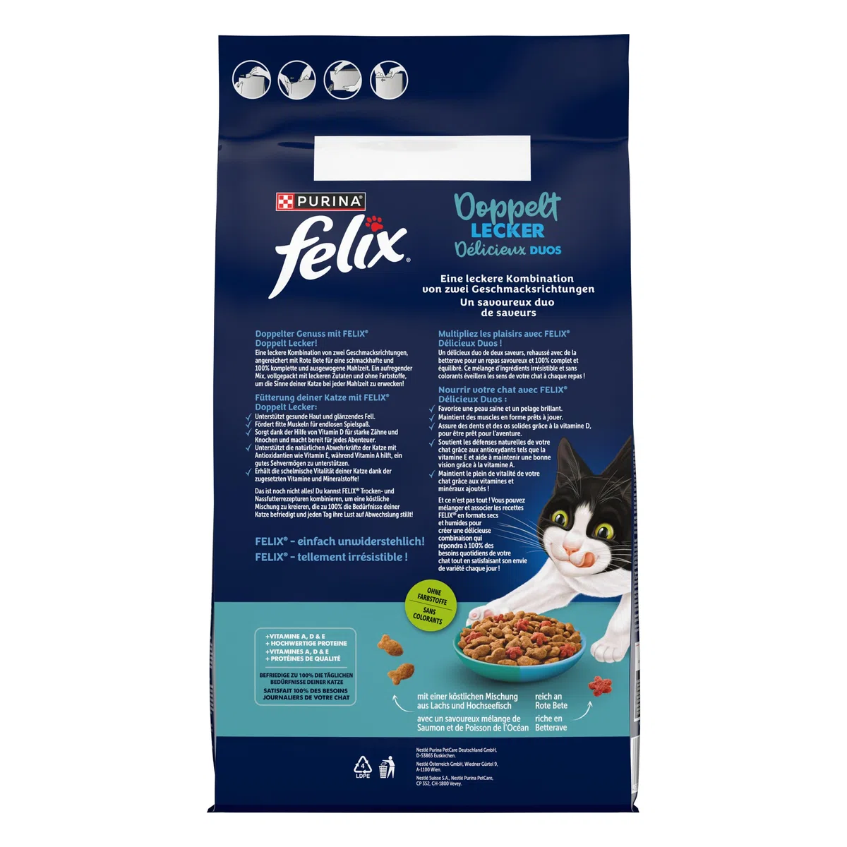 Felix Comida Doble para Gatos Seca, con salmón, Pescado de mar y Rico en Remolacha, 4 Unidades (4 x 4 kg)
