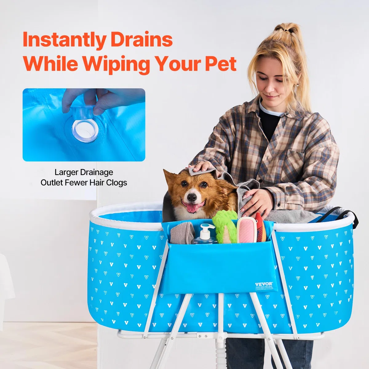 VEVOR Bañera Portátil para Perros, Elevada y Plegable, Que Ahorra Espacio Drenaje Rápido, para Lavar y Asear Perros y Gatos Pequeños y Medianos Interiores y Exteriores, Azul Claro, 850 x 470 x 980 mm