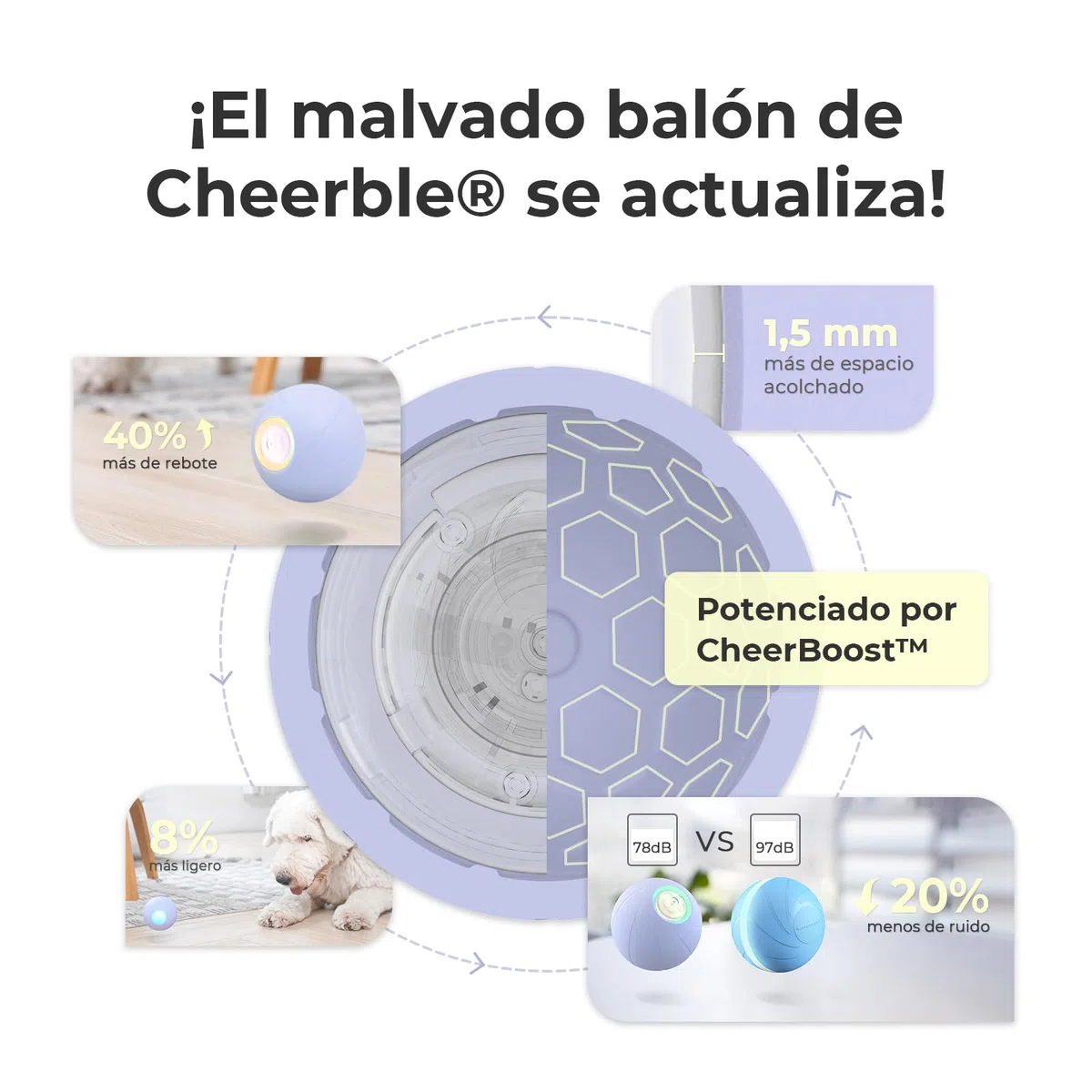 Cheerble Wicked Ball PE, 3 Modos de interacción, Juguete Interactivo para Perros, Pelota autorodante para Perros con Luces LED, DC Recargable, Divertido Regalo de cumpleaños para Perros Grandes