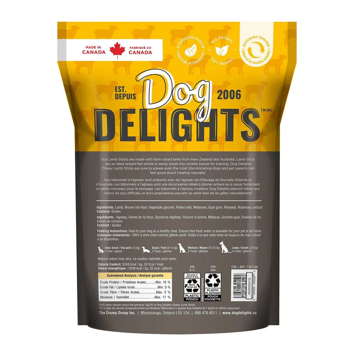 The Crump Group Inc Dog Delights Golosinas Masticables para Perros con Palitos De Cordero - 1.25 Kg - Recompensas Saludables Y Deliciosas para Tu Amigo Peludo - Hecho En Canadá