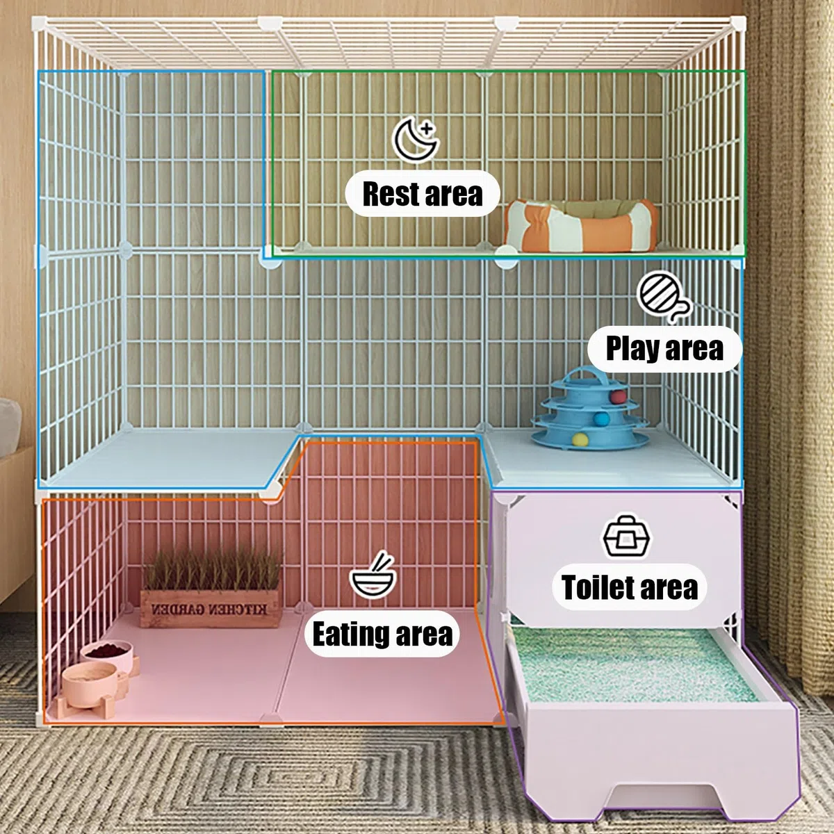 Jaula grande para gatos, jaula plegable de metal, jaula para mascotas, jaula para gatos de interior con caja de arena, con hamaca para gatos, cama para gatos, escalera para gatos, caja de arena para