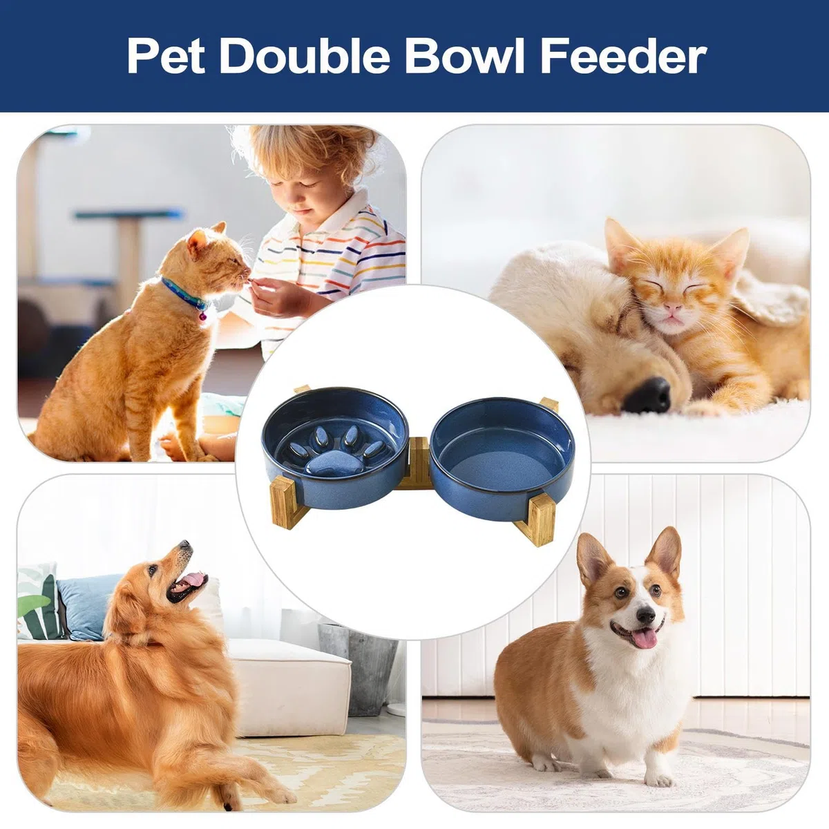 Lento Perros Mediano Comida Lenta Bebida Alimentación De Pie | Set Cuencos Cerámica Huella Linda Perros Estación Alimentación Mascotas Accesorios Plato Camping Coche Hogar Exterior Patio