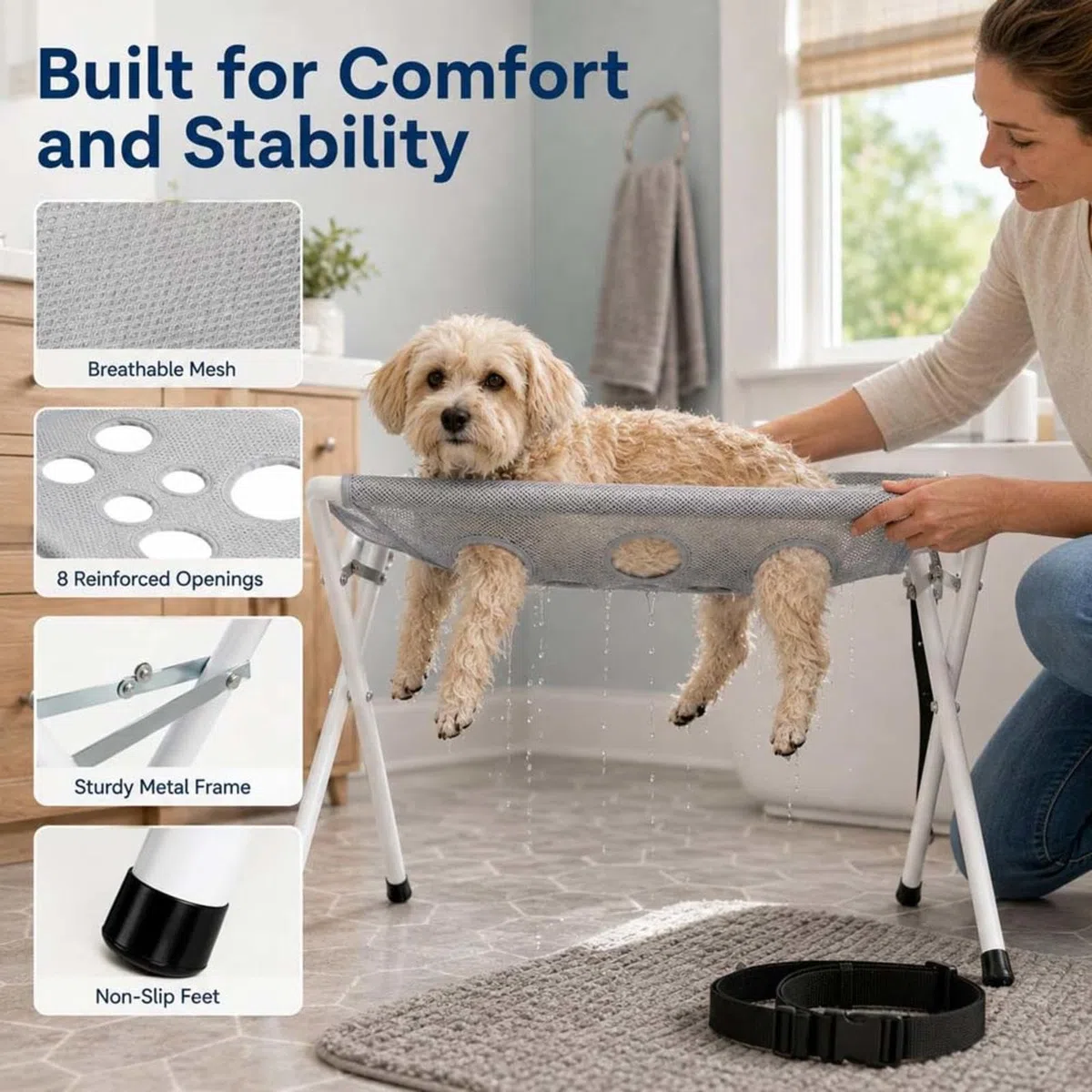 Silla para Bañar Perro Correa Ajustable para Sujetar A La Mascota Soporte Plegable para Mascotas Estructura Sólida Hamaca para El Cuidado De Mascotas, Recorte Diario De Uñas,Baños,Gray