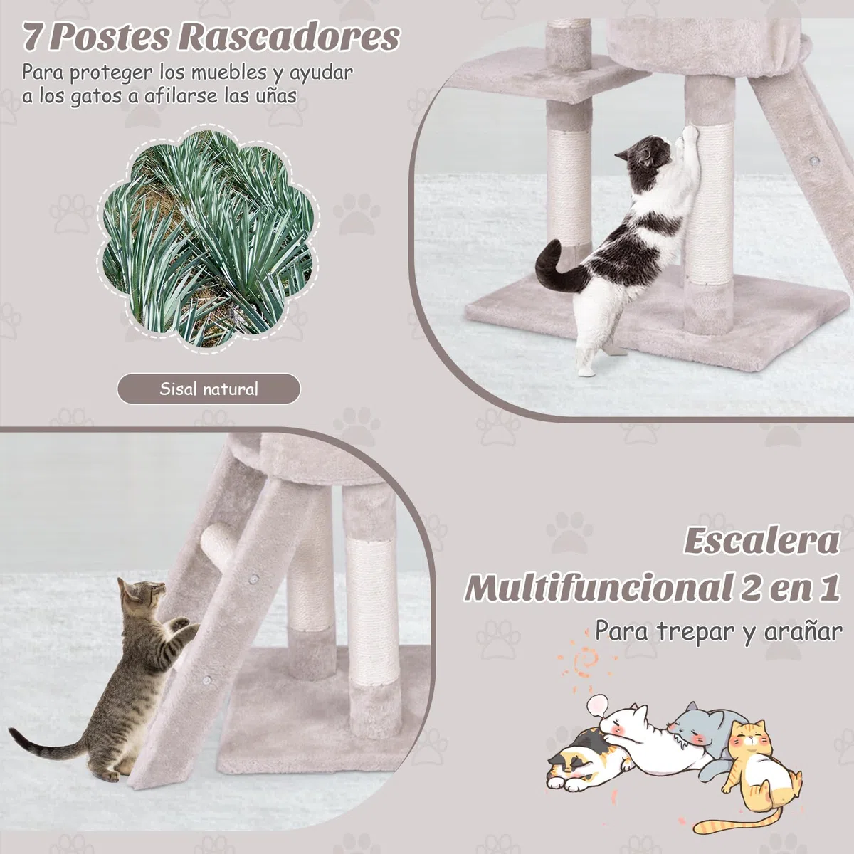 COSTWAY Árbol Rascado para Gatos de 140 cm de Altura, Torre Multinivel para Gatos con Postes de Sisal, Plataformas, Nido, Hamaca, Escalera y Bola, Centro de Actividades para Gatos de Interior, Beige