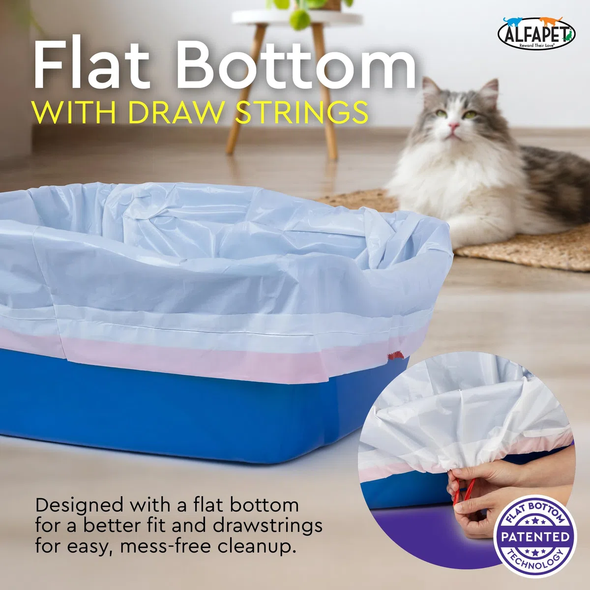 Alfapet Forros para caja de arena para gatos, extragrandes, 30 bolsas de plástico resistente de 2 mil de grosor, forro inteligente con cordón para una fácil eliminación, parte inferior plana para una