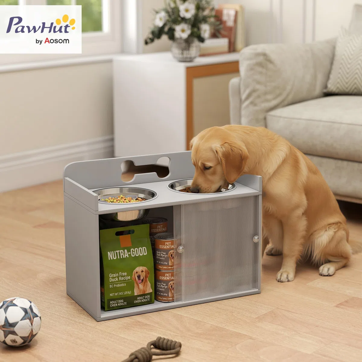 PawHut Comedero Elevado para Perros con Armario de Almacenamiento de 50 l, 2 Cuencos de Acero Inoxidable con Anillos Antideslizantes, Puertas correderas, comedero con comedero Lento para Perros