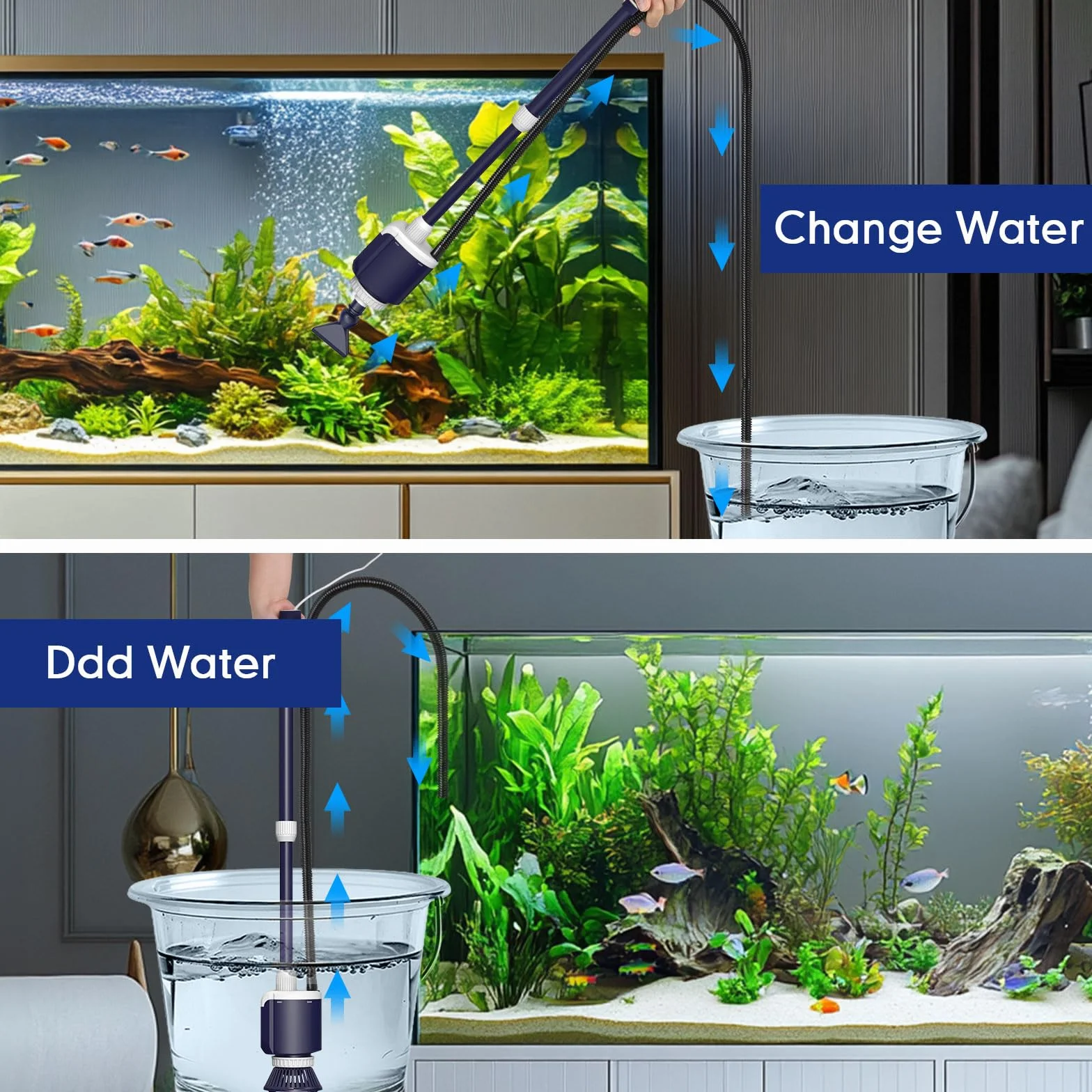 AQQA Tetina para Acuario, DC 2300L/h, Flujo de Agua Regulable para Acuario Eléctrico 32W con Triple Filtración para Cambio de Agua Limpieza de Arena