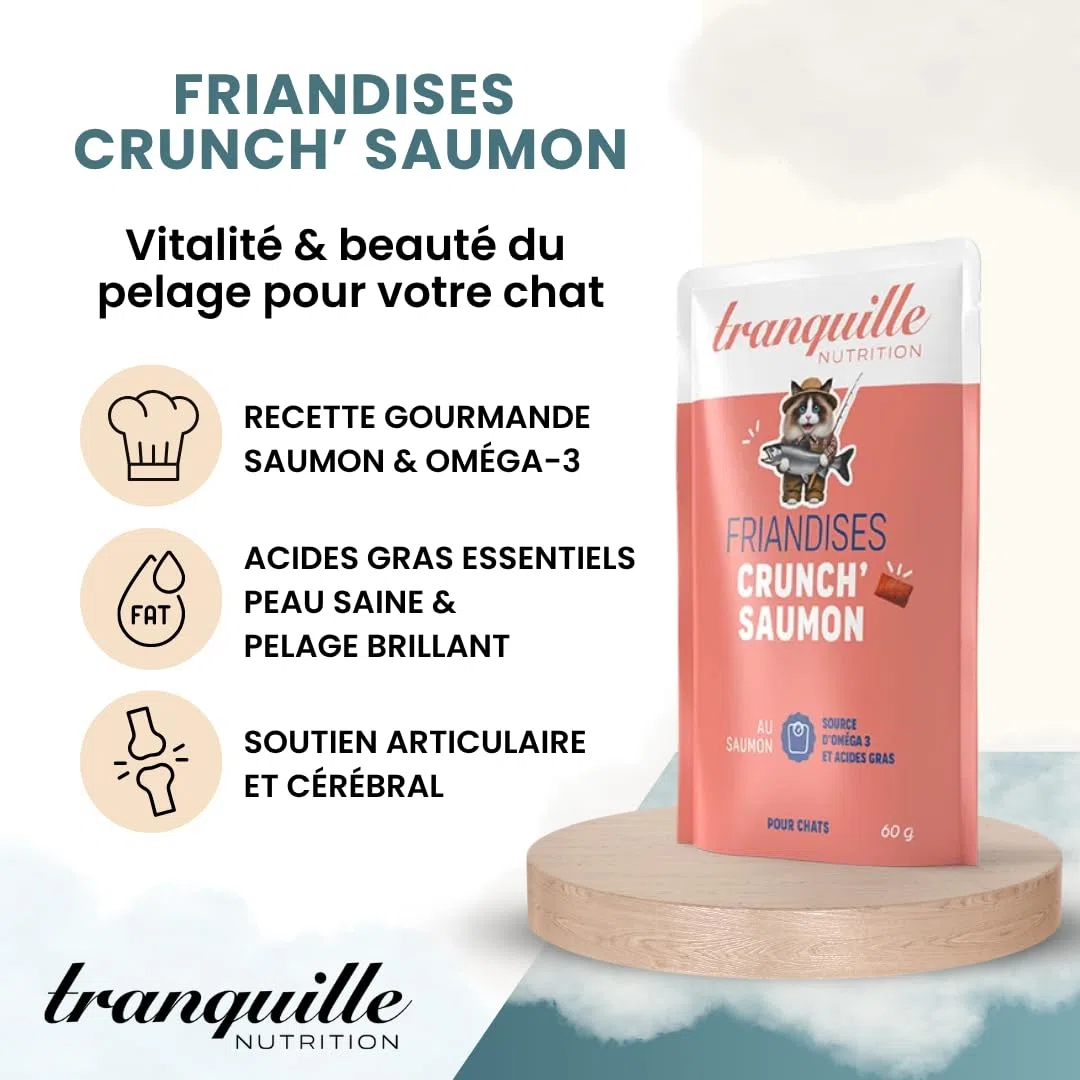 Tranquilo Crunch' Salmón para Gatos (40 x 60 g) | Dulces Ricos en Omega 3 y ácidos grasos | Piel Saludable y Pelaje Brillante | Soporte Articular y Cerebral | Croqueta Gato