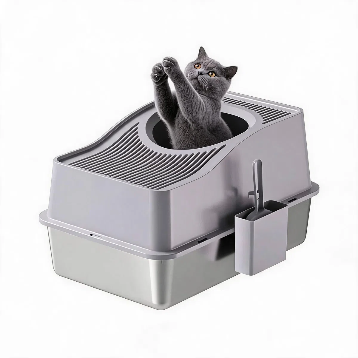 Garvee Arenero para Gatos de Acero Inoxidable Cerrado, Inodoro para Gatos antiolores Grande con Tapa y Plataforma filtradora de Arena, con Borde Alto de 15 cm y Pala, fácil de Limpiar, 60 x 40 x 34,5