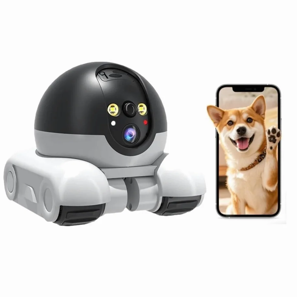 Robot de Cámara de Mascotas, Cámara de Seguridad Robot Wi-Fi Camera con Ruedas 1080P Doble Lens Control Remoto en Hogar Trabajo Mascotas, 64G Tarjeta Incluido