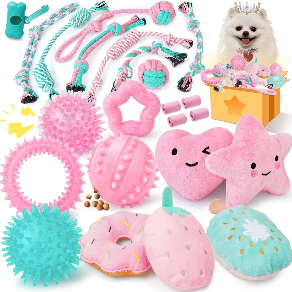 XIUGOAL Juguetes para Cachorros Rosados para aburrimiento, Paquete de 14 Juguetes masticables para Cachorros, Juguetes interactivos para Cachorros, Lindos Juguetes para Perros pequeños con Bola de