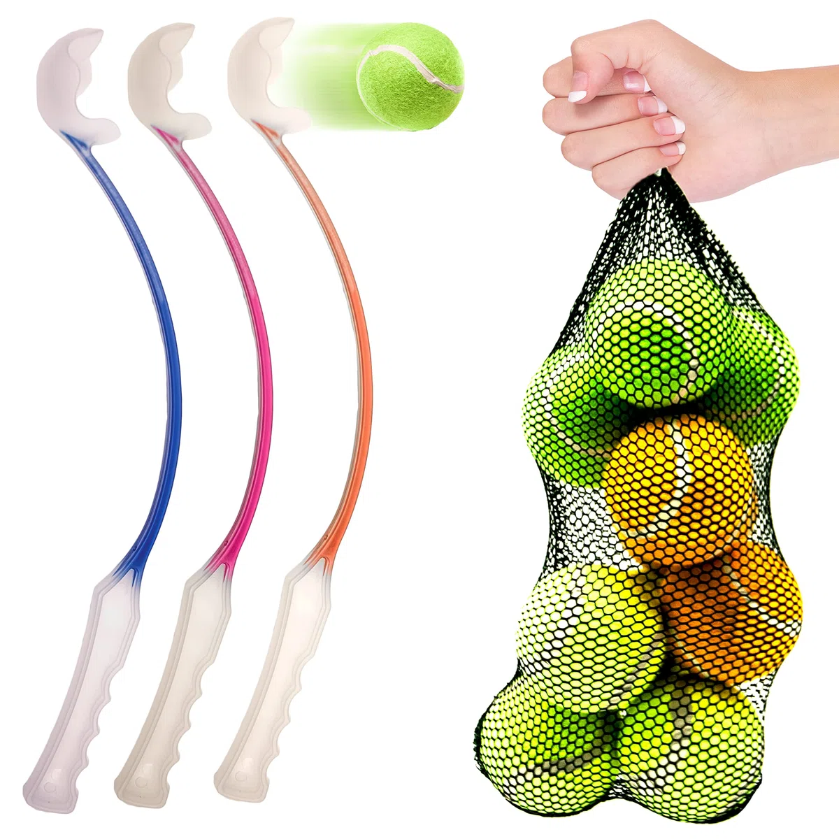 2 lanzadores de bolas de perro de 46 cm de largo para perros con 10 bolas para perros, juguetes para perros, lanzador de pelotas de tenis para perros, agarre fuerte