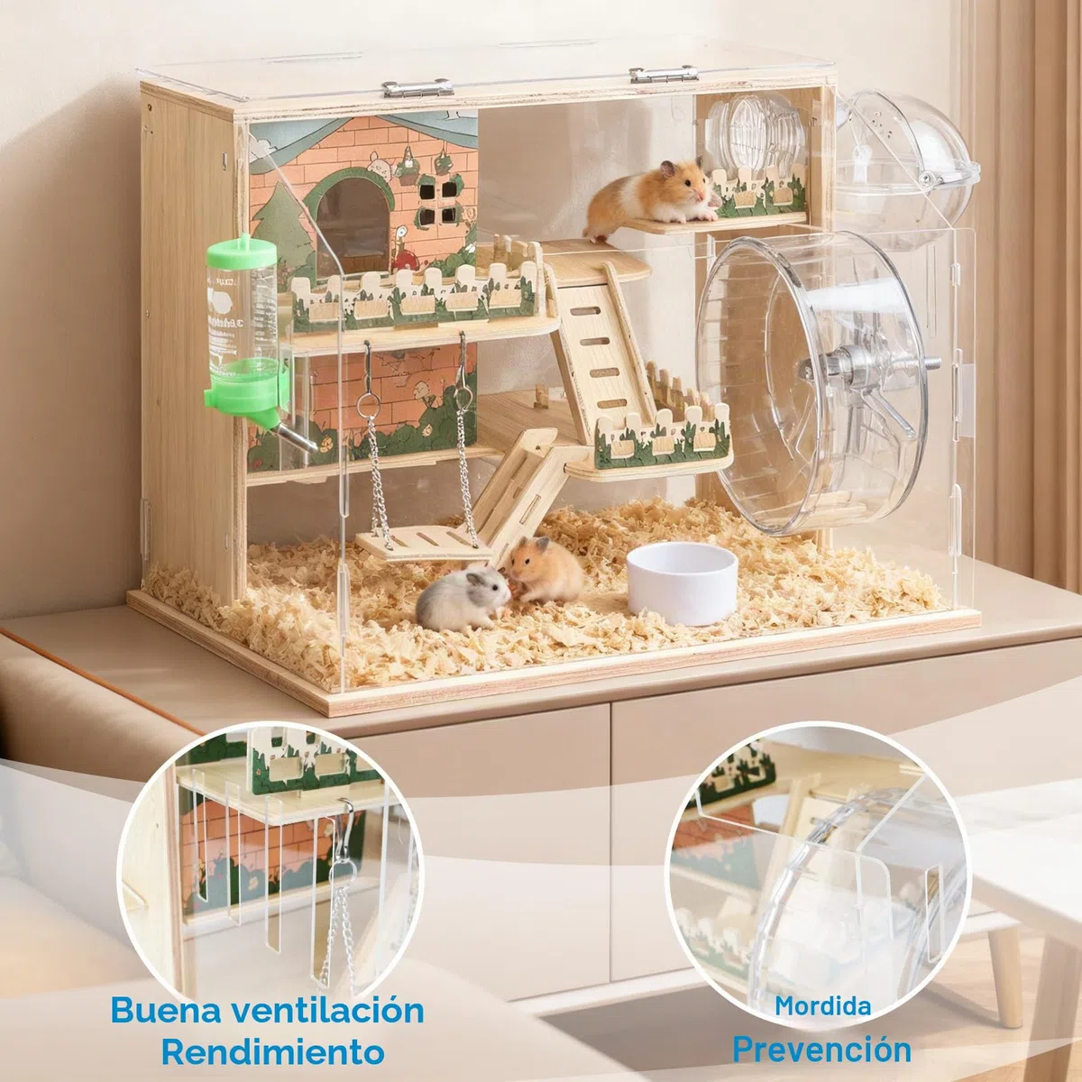 Jaula de Madera para Hámster, para Animales Pequeños Jerbos, Ratas | Hábitat para Hámster con Vista de 270°, con Paneles Acrílicos Fácilmente, Una Jaula Para Hámster Bien Ventilada