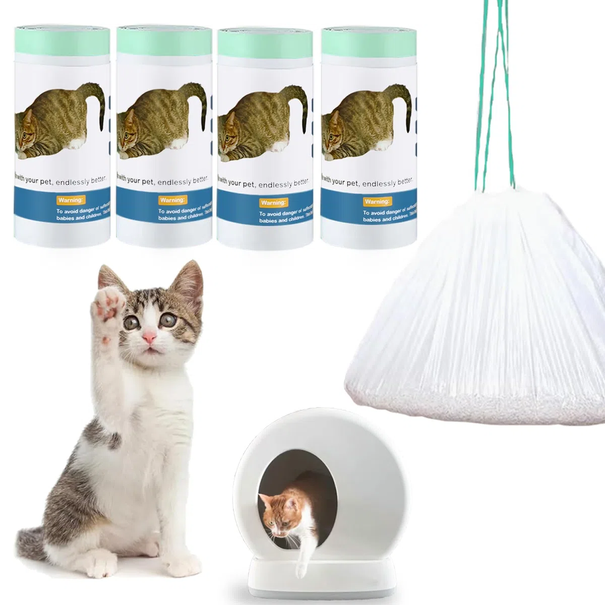 Bolsas de arena para gatos para caja de arena autolimpiable, 100 unidades, forro de cajón de residuos de repuesto con cordón compatible con caja de arena automática para gatos, 18 x 12.6
