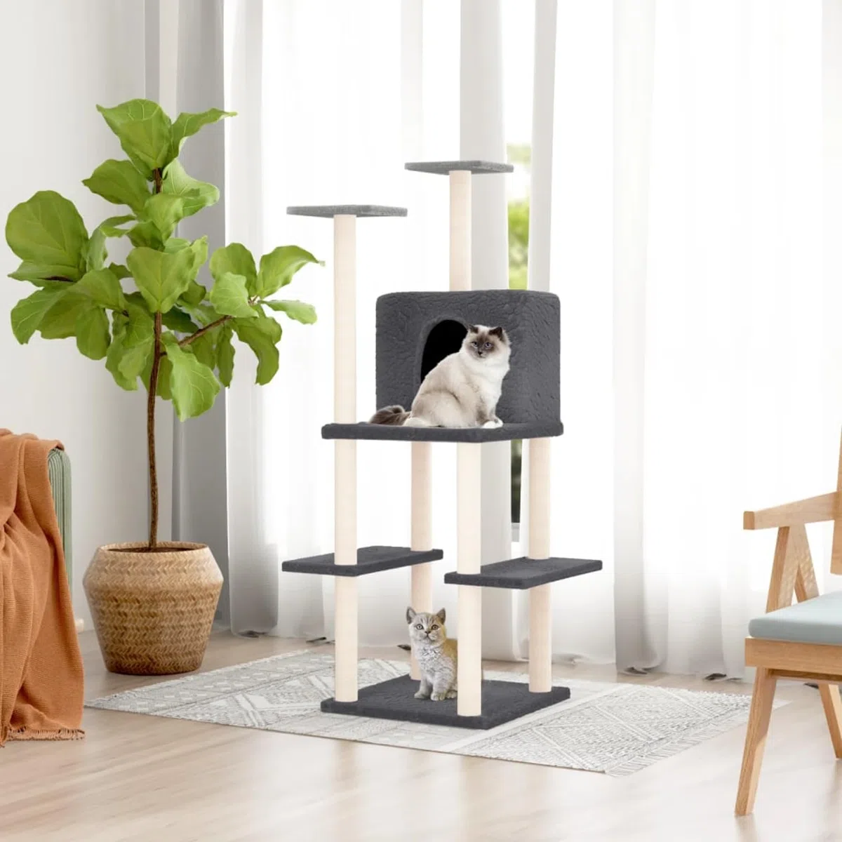 ShGaxin Rascador para Gatos con Postes de sisal, Rascador Gato, Arbol Rascador para Gatos, Gatos Accesorios, Torre Gatos, Arranhador para Gatos, Casa para Gatos, Gris Oscuro 144,5 cm