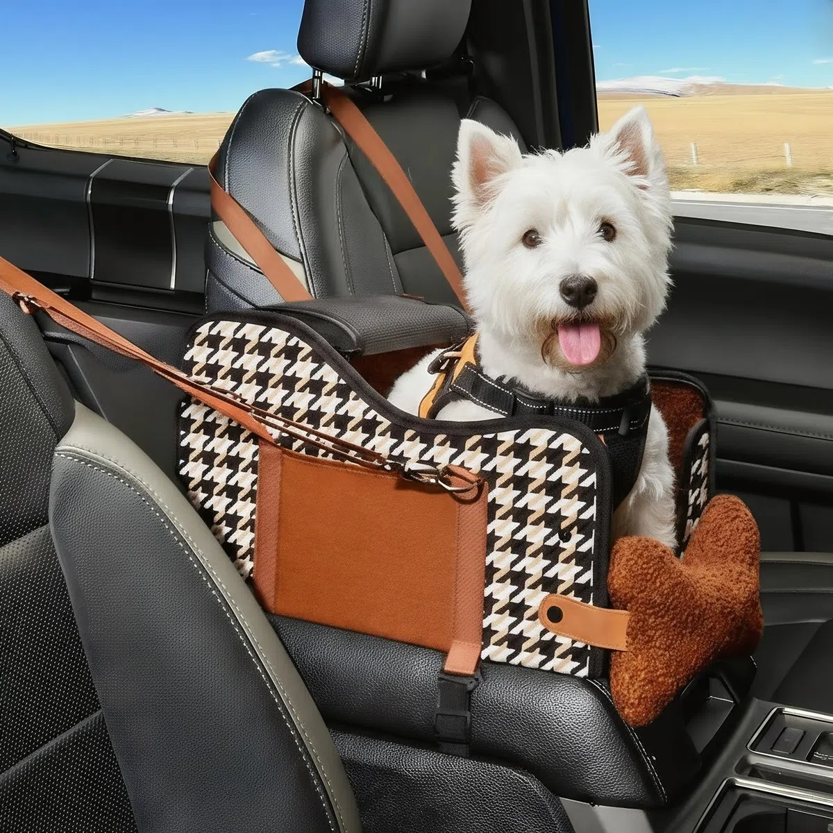 Asiento de coche para perro con consola central, asiento de coche para cachorros, consola central para perros pequeños