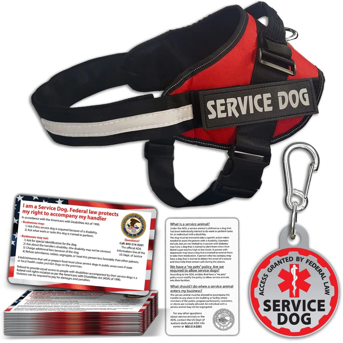 Chaleco para perro de servicio + etiqueta de identificación + 50 tarjetas de información ADA. Arnés para perro de servicio con parche en tallas X S a XX grande, placa de metal para perro con clip