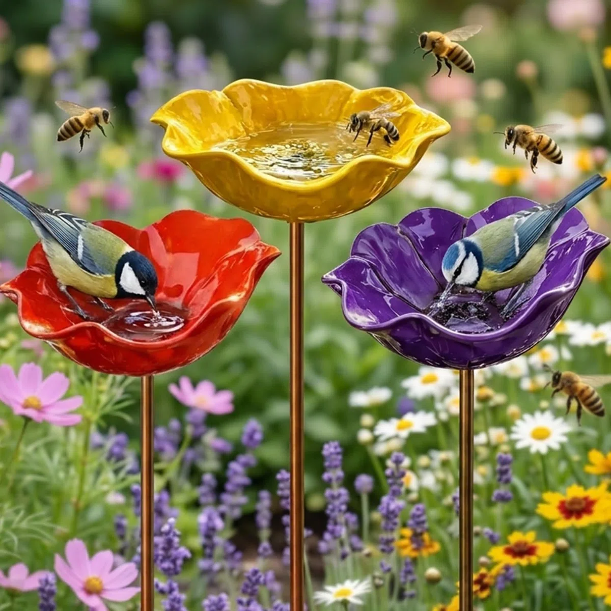 Baño para pájaros de amapola, estación de riego de abejas para jardín, estaca de jardín de flores de metal, baño para pájaros y comedero para Reino Unido