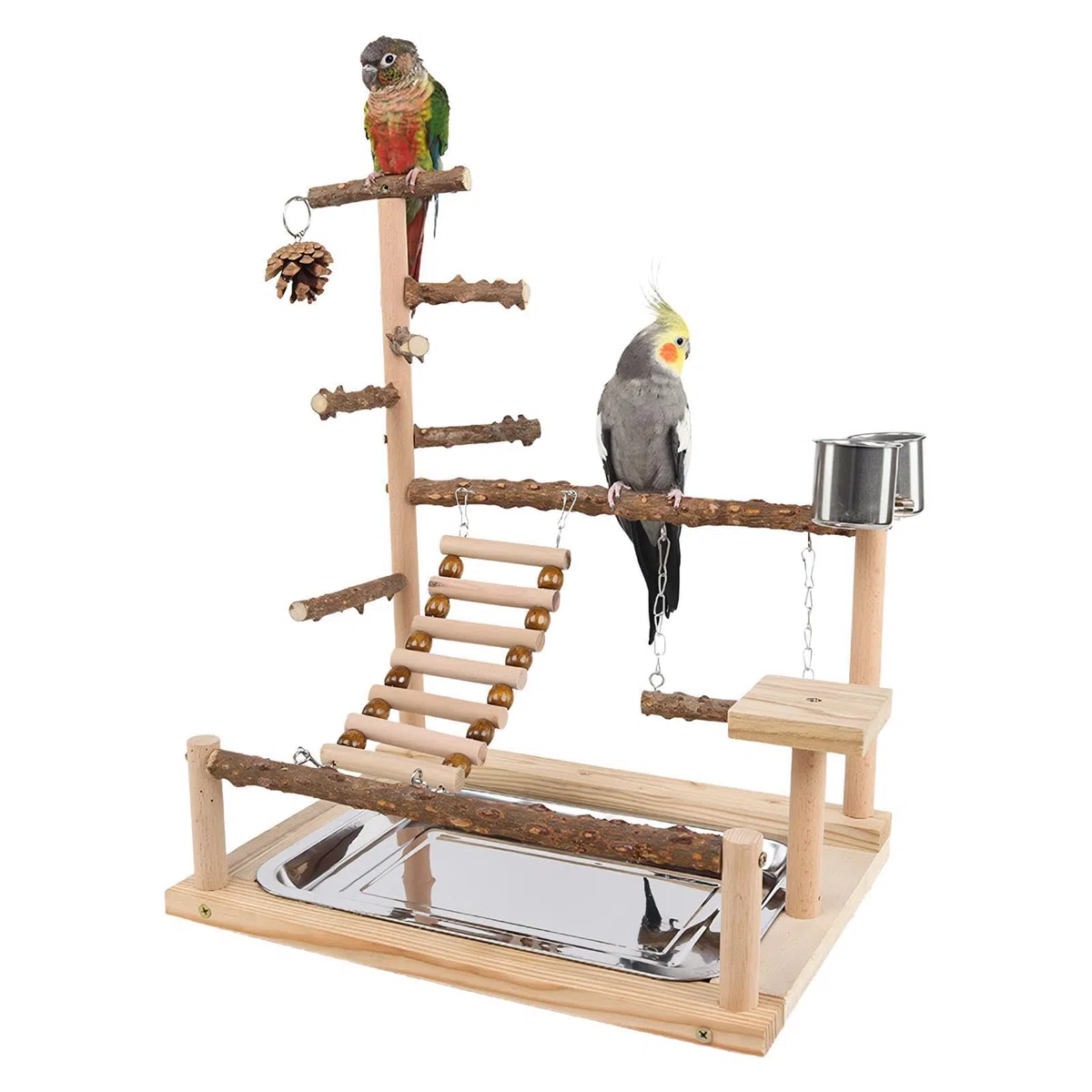 Parque de Juegos para Aves Parque de Juego de Madera | Soporte De Perchas Para Aves Con Tazón Y Bandeja De Acero Inoxidable para Entrenamiento, Ejercicio, Escalada, Masticación de