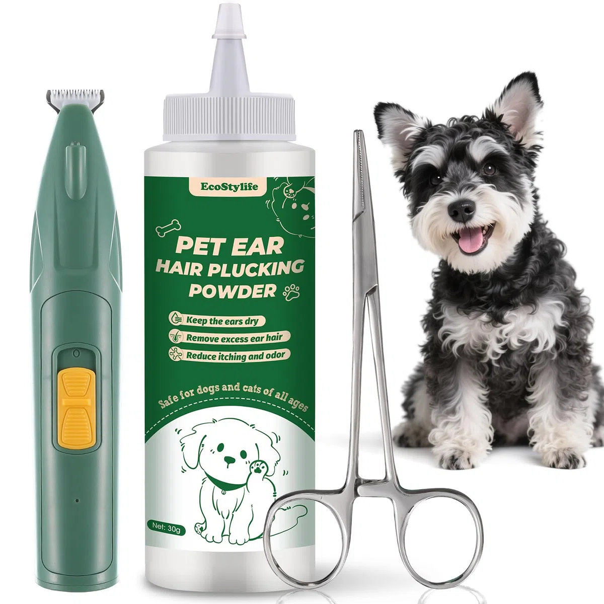 Herramienta de depilación de orejas de perro, 30 g, hemostático de 5.5 pulgadas y cortador eléctrico de orejas de perro, alivio seguro y eficaz de la picazón, cera y olor, cuidado personalizado para