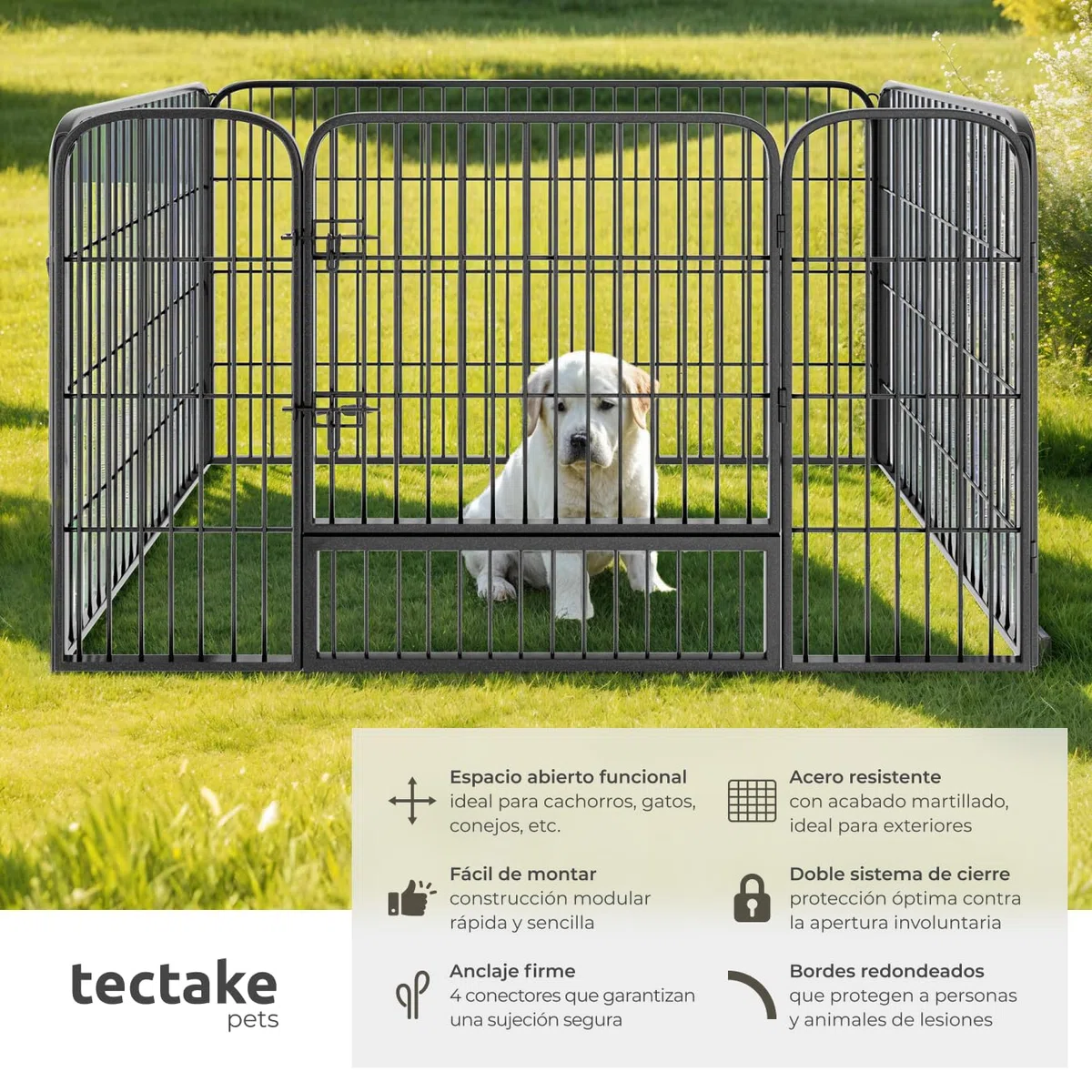 tectake® Parque para Perros, Puerta Seguridad para Niños y Mascotas, Valla Metálica, Jaula Perro, Barrera de Seguridad Plegable, Parque Perros y Conejos, Doble Cierre - Gris