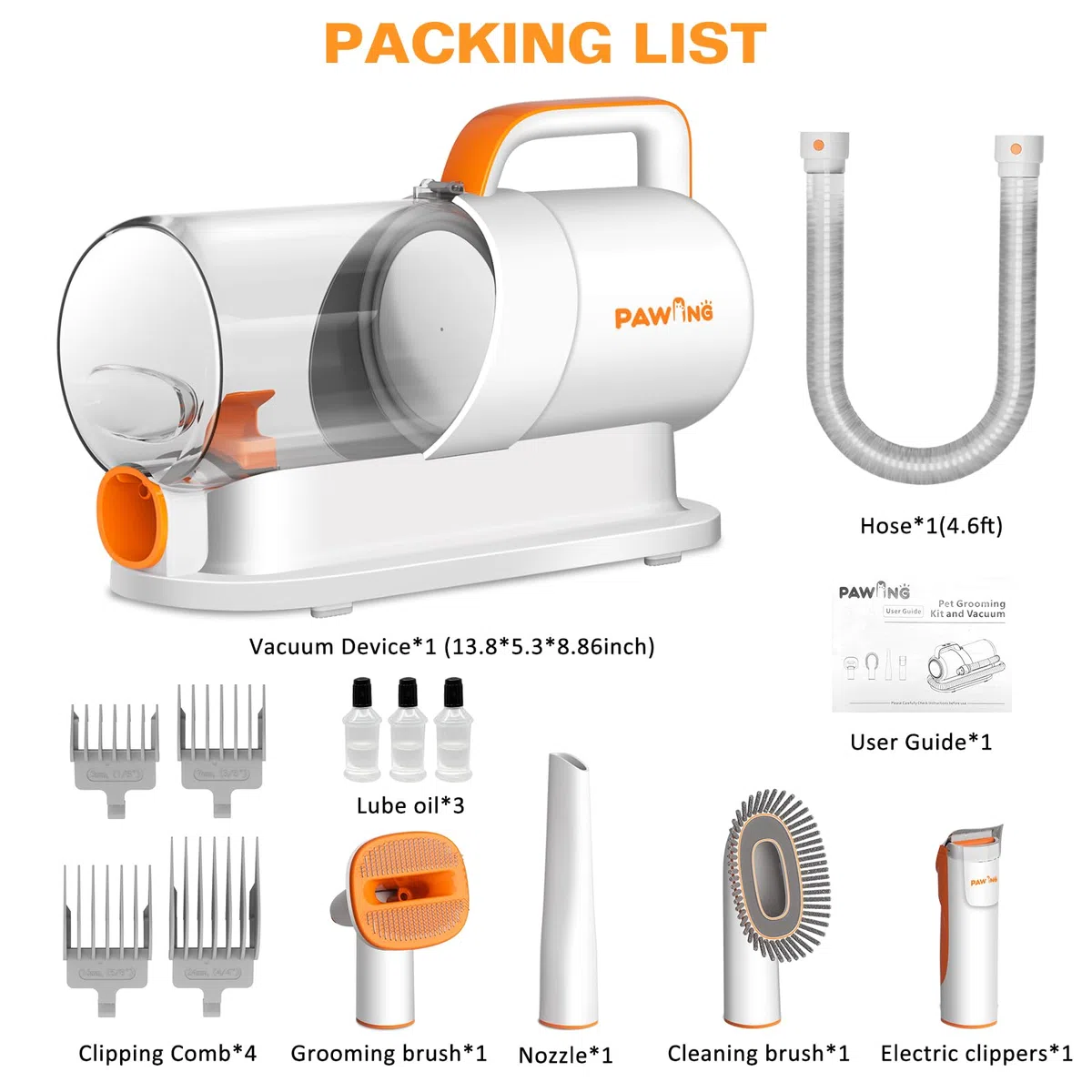 PAWING Kit de aseo para mascotas con aspiradora, herramientas profesionales todo en 1 para perros y gatos, aspiradora de perros de bajo ruido con taza de polvo de gran capacidad de 2 L para eliminar