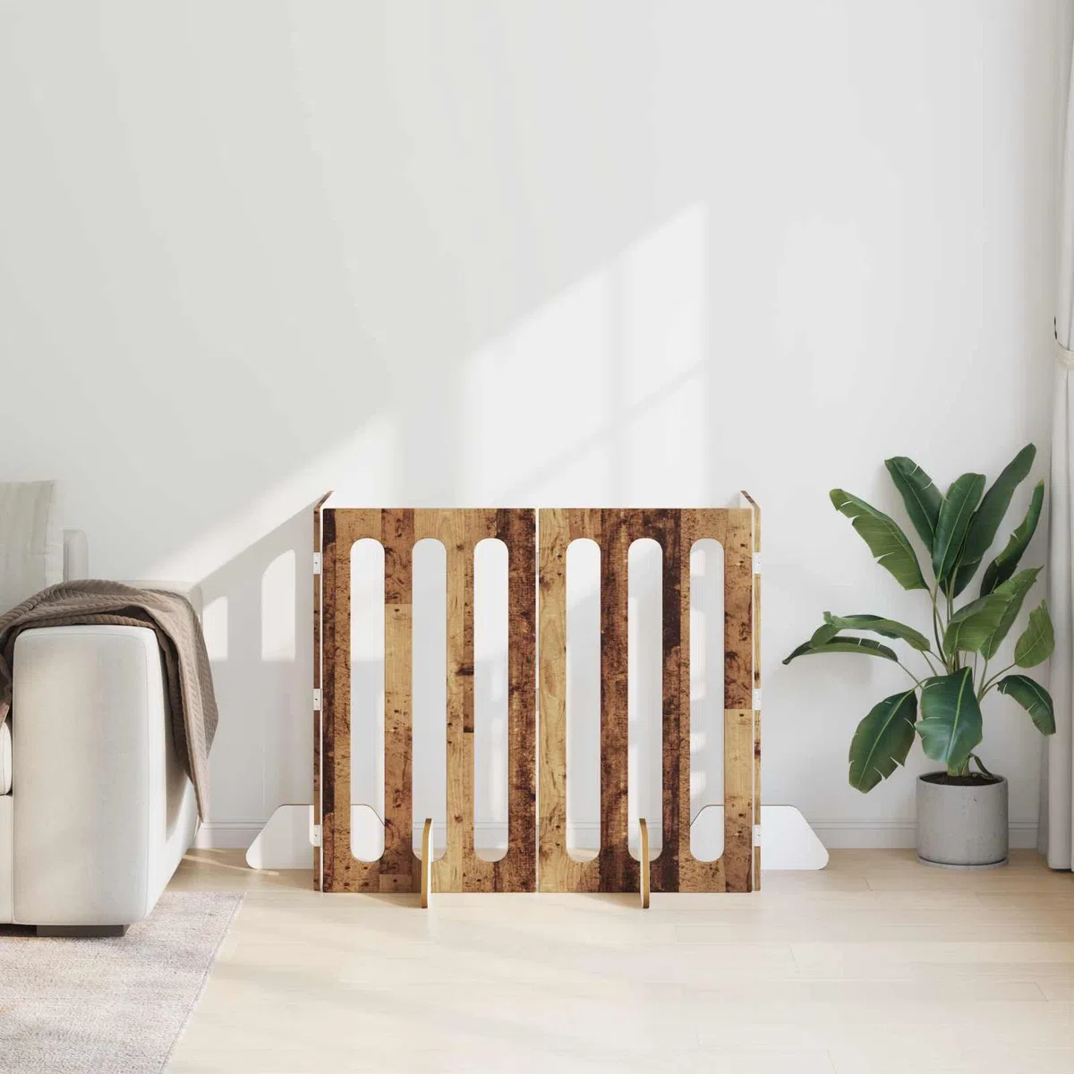 Valla plegable para mascotas, 4 unidades, madera de roble, 201 x 38 x 90 cm, borde interior flexible para perros, cachorros, protección y seguridad, fácil de montar, plegable, adecuado para