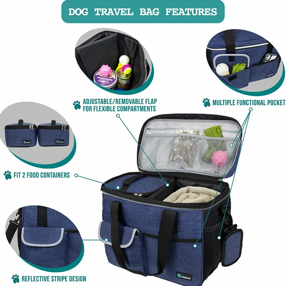 PetAmi Bolsa de viaje para perros, organizador de bolsas de viaje para mascotas, bolsa de viaje para comida para perros con recipiente de alimentos y cuencos, suministros de viaje para perros,