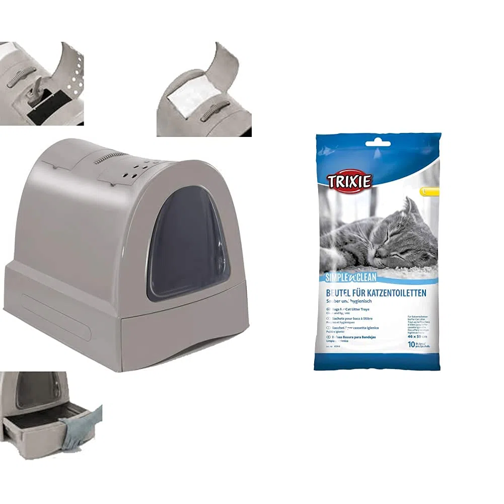Imac Bandeja Higiénica Arenero Gatos - Bandeja Sanitaria Gatera Arenero Cubierto Caja De Arena WC Gatos Zuma 40 x 42,5 x 56 cm Gris + Trixie Bolsas Basura para Bandejas Simple'n'Clean para Gatos