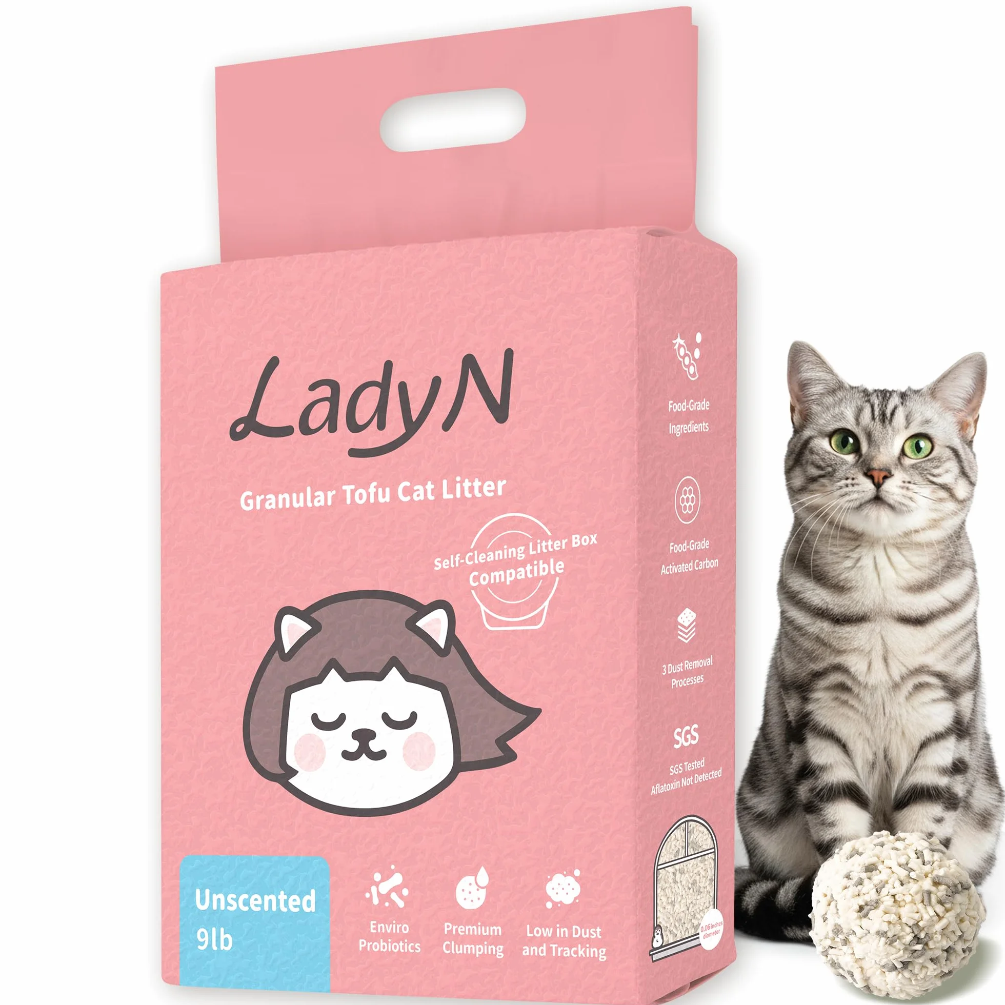 Lady N Arena de tofu para gatos, bajo polvo, compatible con Auto-Box sin perfume, 9 libras | Forma de minipelets, fuerte aglomeración, ultra absorbente, control de olores de carbón activado