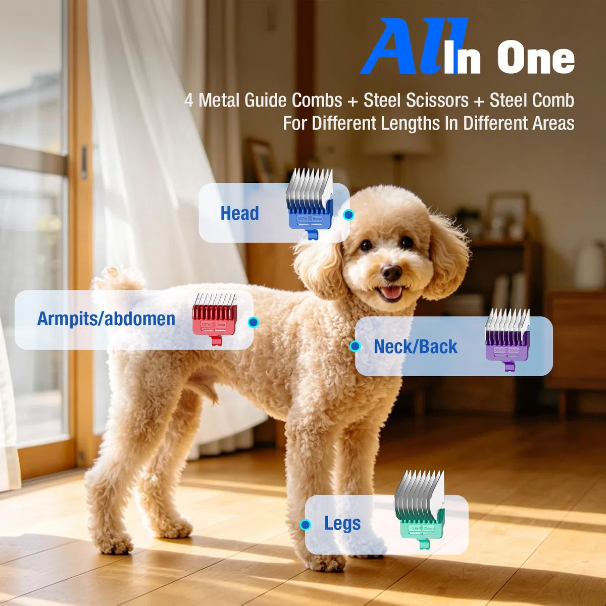 Máquina de cortar pelo para perros, kit de peluquería canina inalámbrico y recargable de bajo ruido con peines metálicos y cuchillas de recambio
