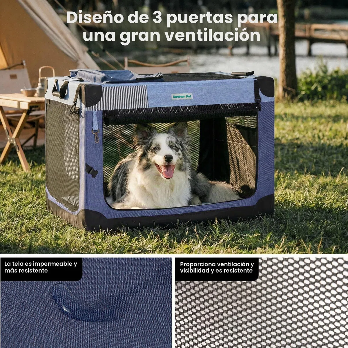 Gardner Pet Transportín Perro Grande,M-76x53x53cm-Azul | Plegable, 3 Puertas, Ventanas de Malla Resistente, Bolsa de Almacenamiento, Para Perros y Gatos