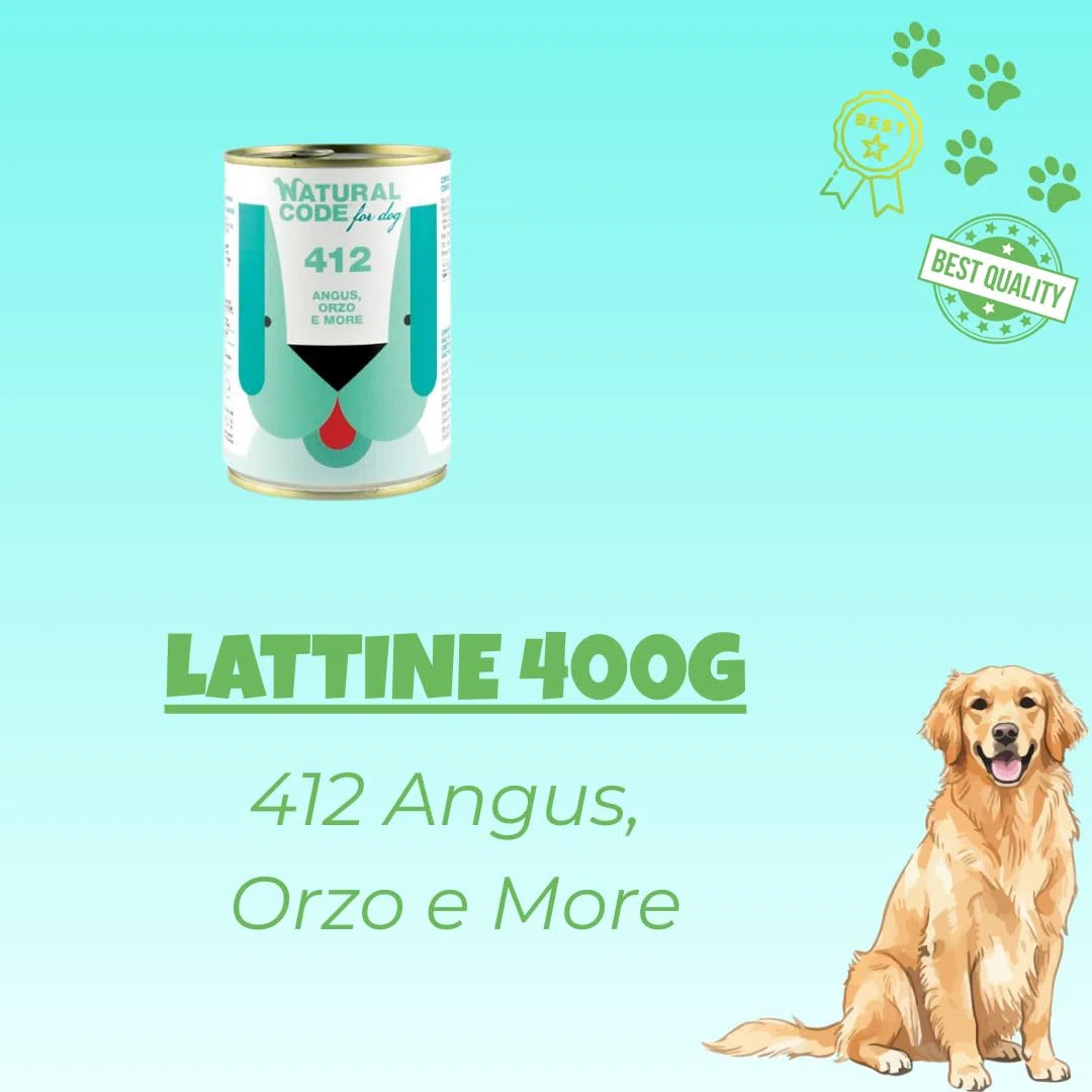 Natural Code - Alimento húmedo para perros, alimento completo para perros adultos de todas las tallas y razas, N. 412 Angus, cebada y moras, 6 latas de 400 gramos cada una, 6 x 400 g