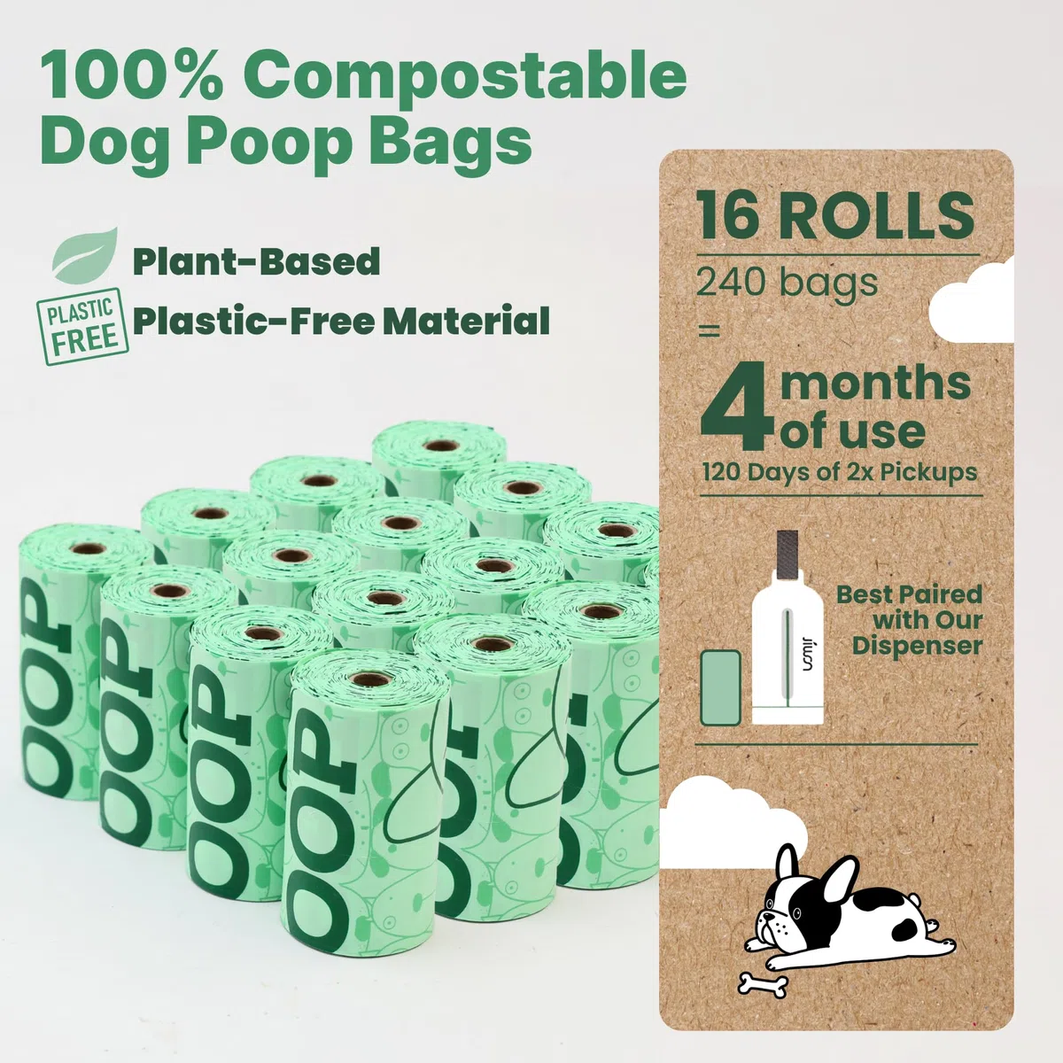 JIWON Bolsas para excrementos de perro 100 % compostables, 240 bolsas, 16 rollos, 9 x 13 pulgadas, estándar ASTM D6400 y EN 13432, certificado OK para compost y plántulas, bolsas gruesas y a prueba de