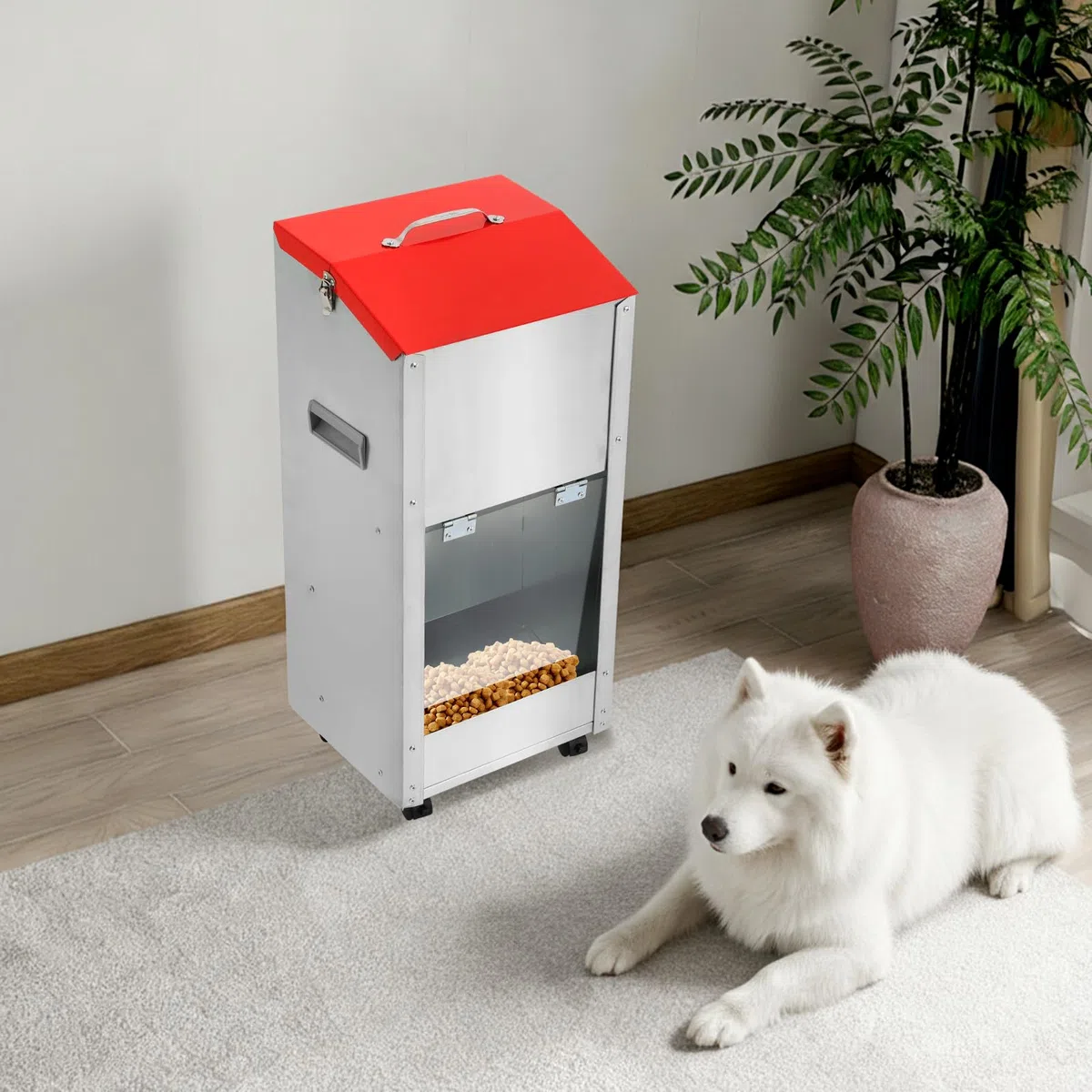 Comedero automático para mascotas, metal galvanizado por gravedad, comedero con ruedas, ruedas de alimentación para perros de 15 libras para perros y gatos