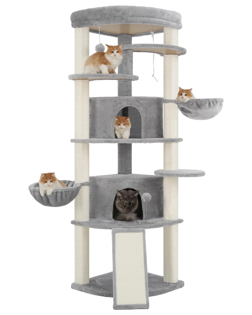 Gitelsnour Rascador para Gatos de rincón Interior, árbol para Gatos multinivel con Posts de rascado Sisal Natural, 2 Cuevas, Grandes Plataforma, 2 Canasta Colgante para Gatos, Gris Claro GCT035W