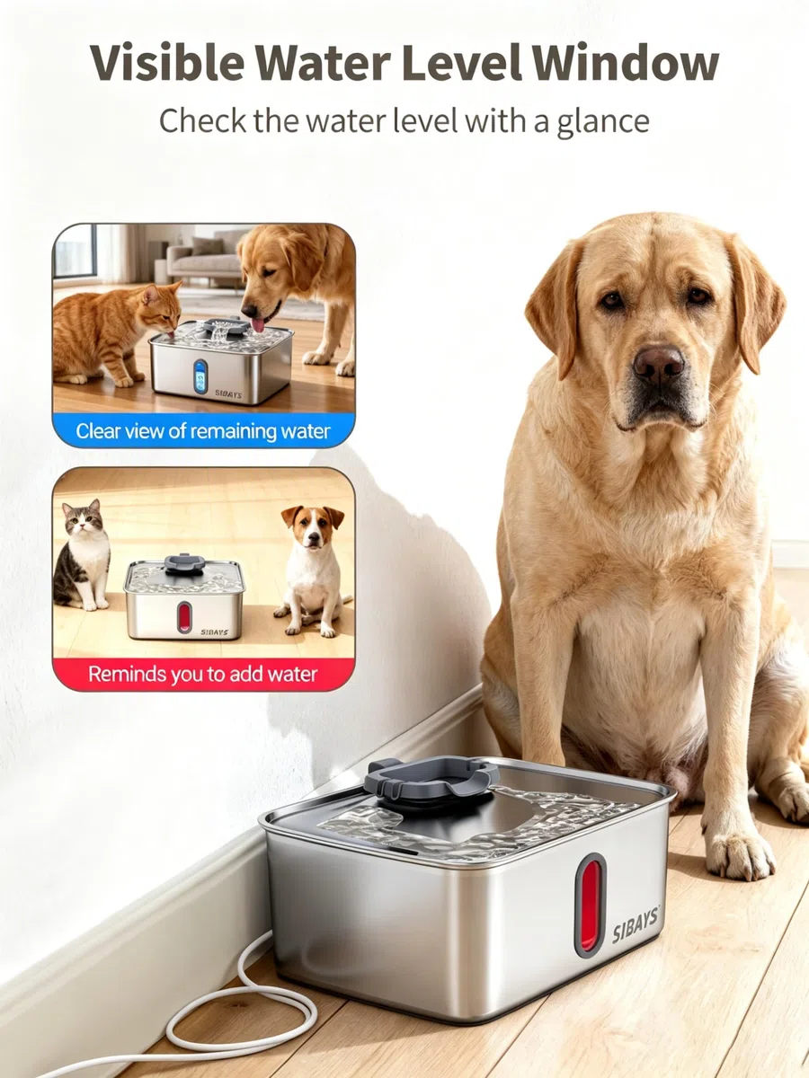 SIBAYS Fuente de agua para perros de 4 galones/15 L para perros grandes, fuente de agua de acero inoxidable para mascotas, dispensador automático ultra silencioso con ventana de nivel de agua y luz