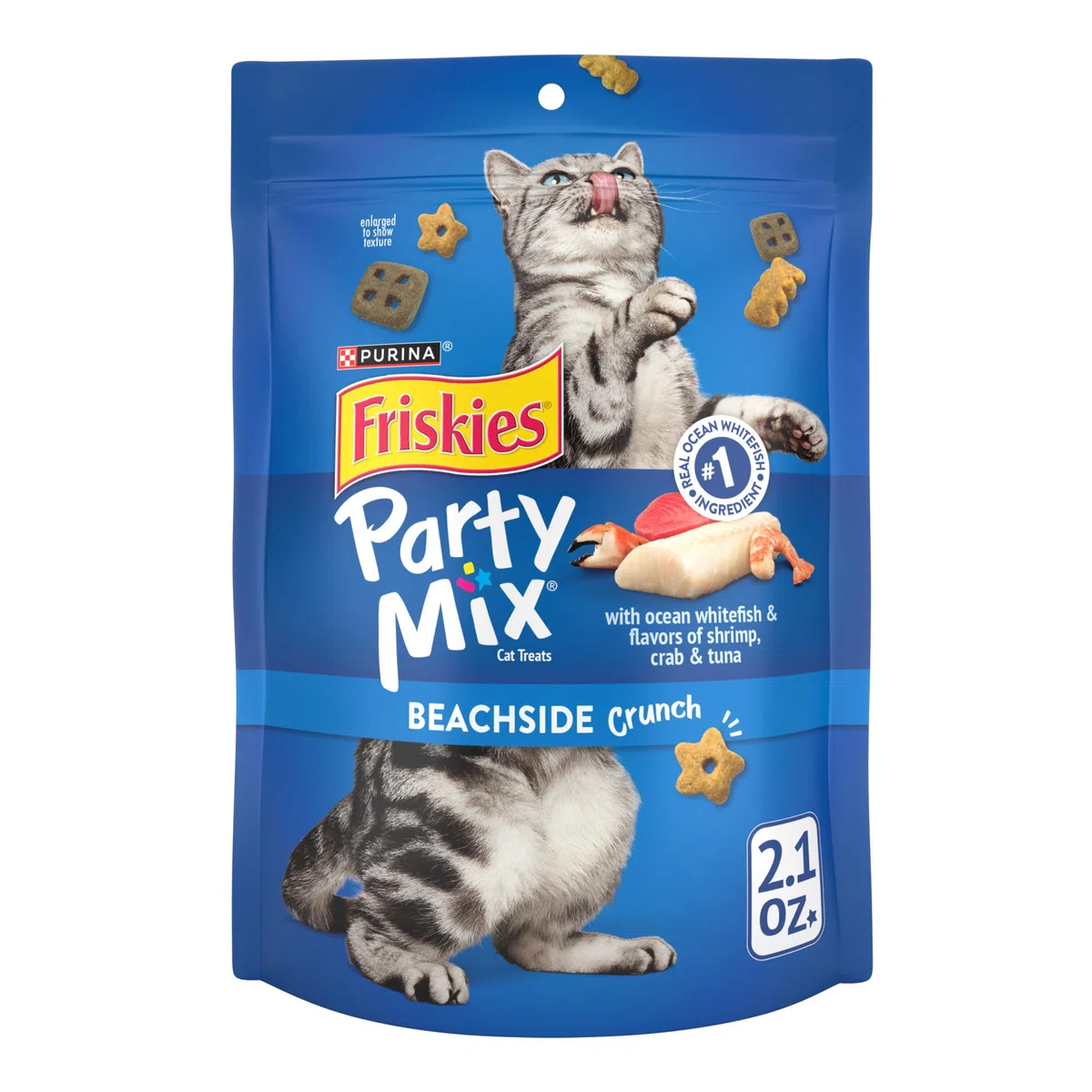 Friskies Party Mix Cat Treats, Beachside Crunch, Shrimp, Crab & Tuna Flavors, 2.1-Ounce Pouch, Pack of 10