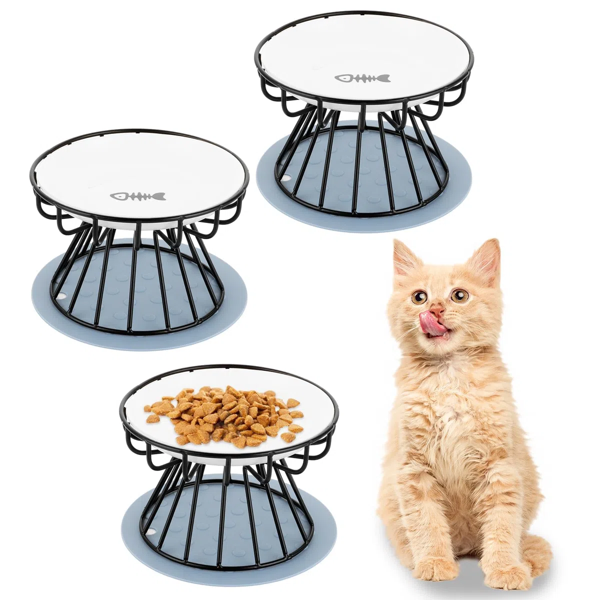 YAYODS Juego de 3 Cuencos de Cerámica Elevados para Gatos, Comedero Ergonómico Altura 10cm, Soporte Metálico y Alfombrilla de Silicona Antideslizante, Cuencos Anchos Antifatiga Aptos para Lavavajillas
