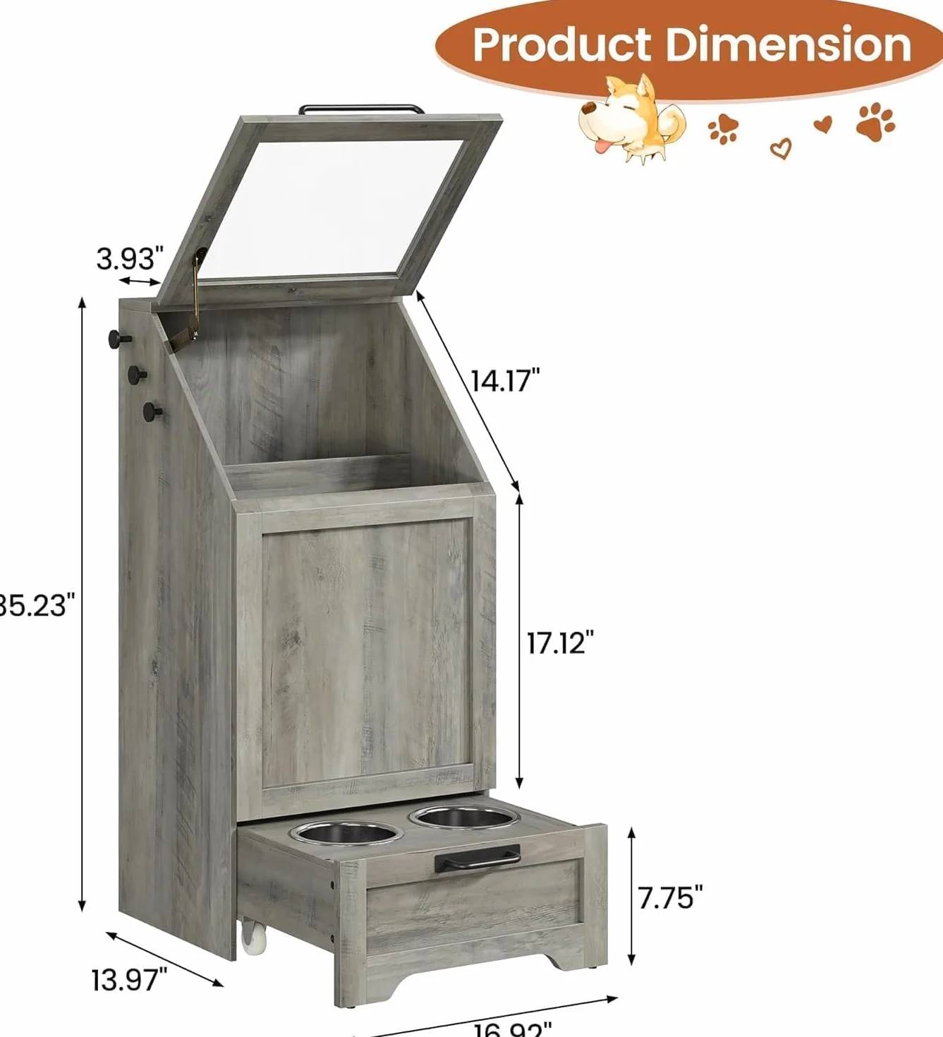 Comedero multifuncional para perros con armario de almacenamiento, cuencos elevados de acero inoxidable y ganchos para accesorios – Comedero de madera para perros y gatos para cocina o comedor