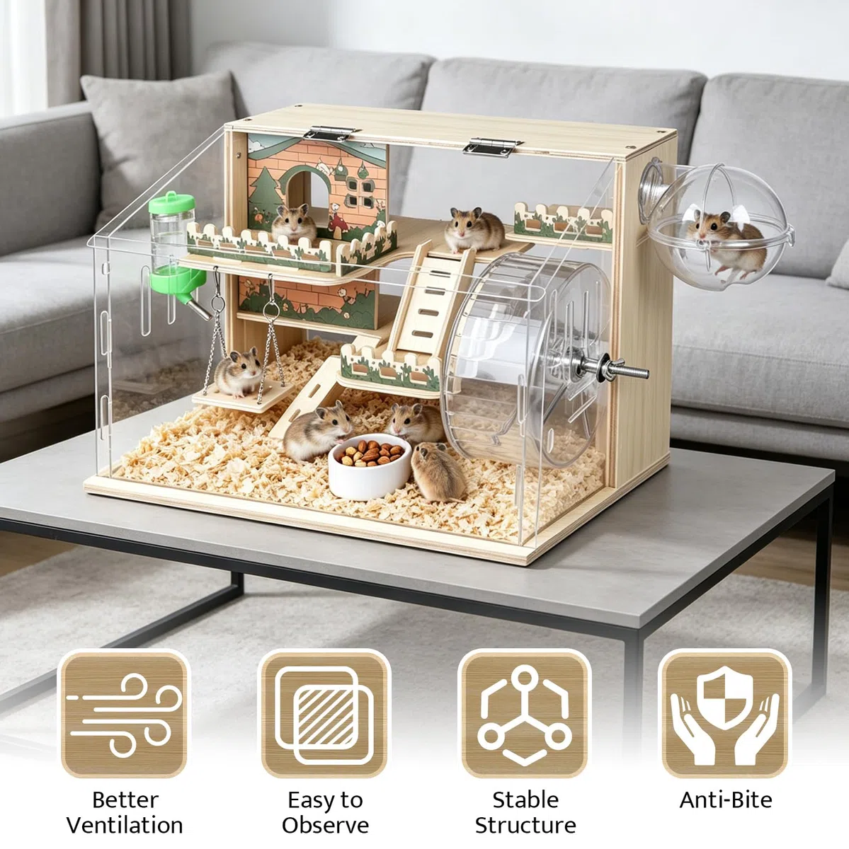 Jaula Grande de Madera para Hámster, con Plataforma y área de Juego
