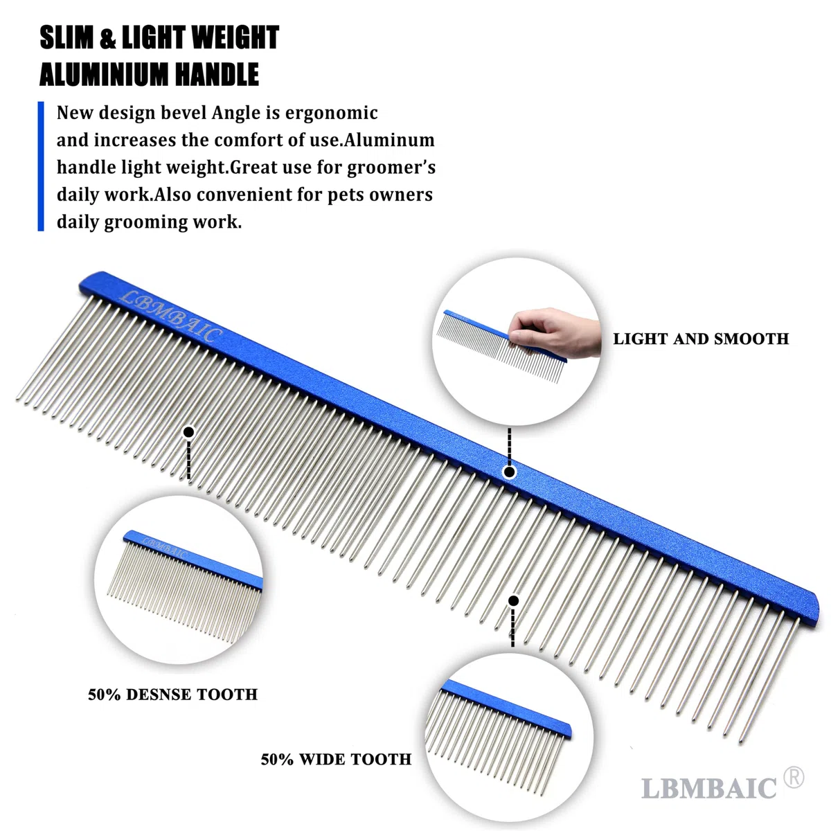 Peine de aseo de metal para perros con dientes largos y anchos, peine profesional para perros, reduce el pelo suelto, enredos, nudos y alfombrillas. 7.5 pulgadas