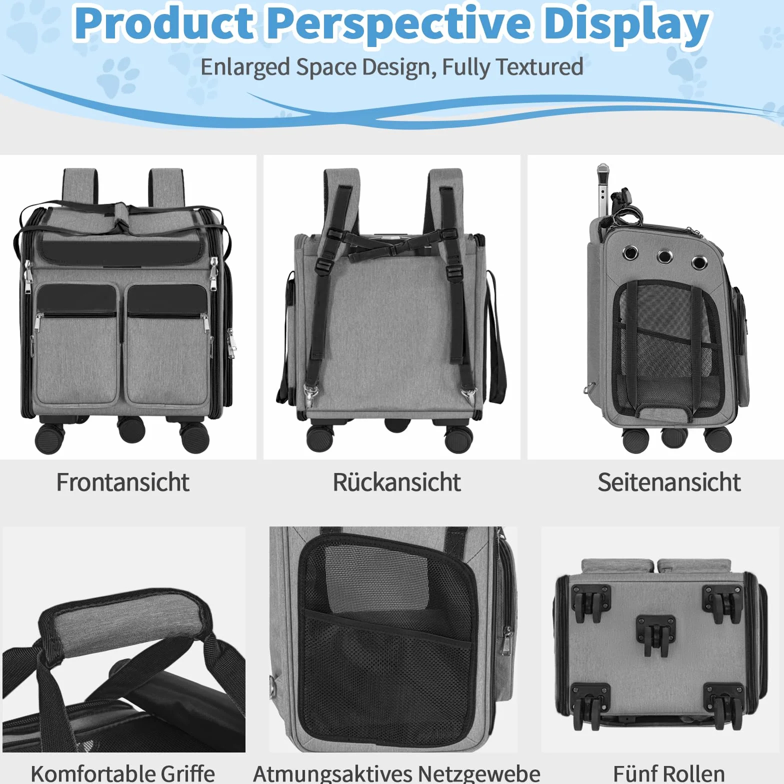 OUUTMEE Con carro 2 en 1 hasta 20 kg, mochila para gatos grande con ruedas, mochila multifuncional, transpirable, gris