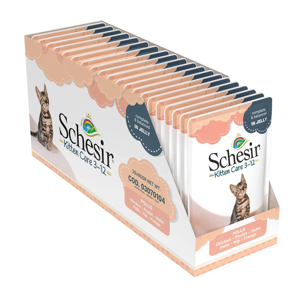 Schesir, Comida Húmeda para Gatitos, Sabor bacoreta en gelatina Blanda - Total 1,7 kg (20 Sobres x 85 gr) & Filete de pollo Cat Jelly Kitten, alimento húmedo para gatitos en gelatina, 20 bolsas x 85 g