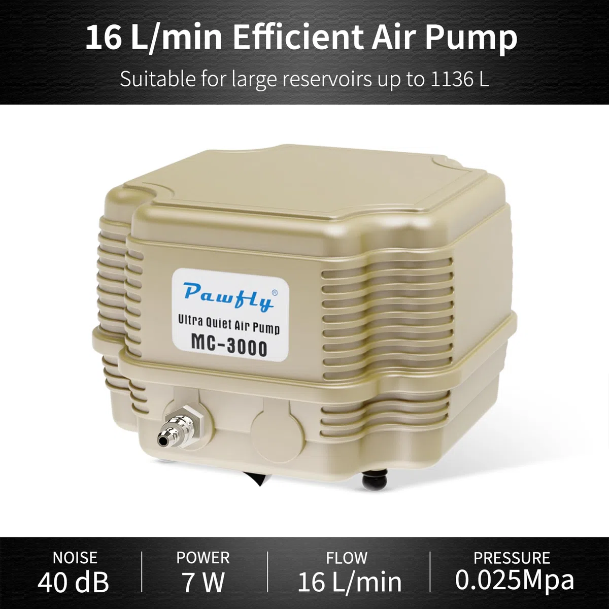 Pawfly Bomba Aire para Acuario Comercial de 16 L/min 7 W Oxigenador Acuario Silencioso Ajustable con Distribuidor Oxígeno y Tubería de Aire para Peceras Estanques y Sistemas DWC hasta 1000 L