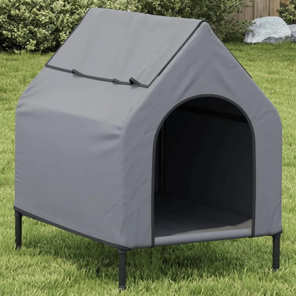 Caseta para perro gris claro de tela Oxford con estructura de acero con recubrimiento en polvo, diseño elevado con techo enrollable y ventana de textileno para ventilación, ligera caseta para mascotas