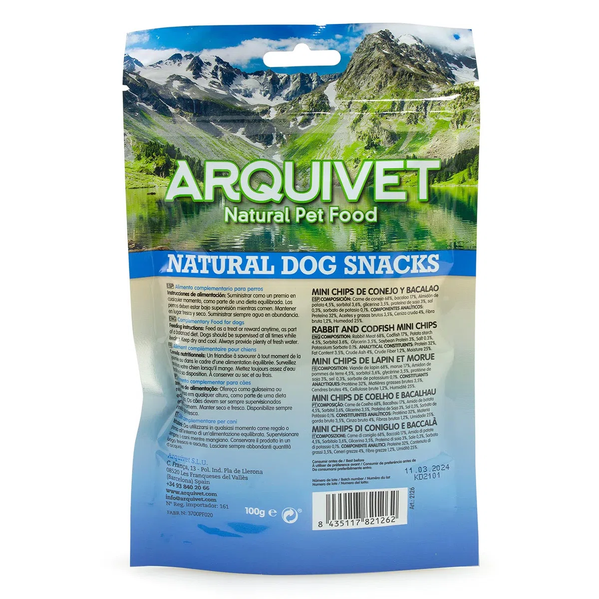 Arquivet Pack 12 Unidades Snack Chips de Conejo y Bacalao 100 gr - Natural Dog Snacks - 100% Natural - Chuches, premios, golosinas para Perros - Producto Light - Muy Rico en nutrientes