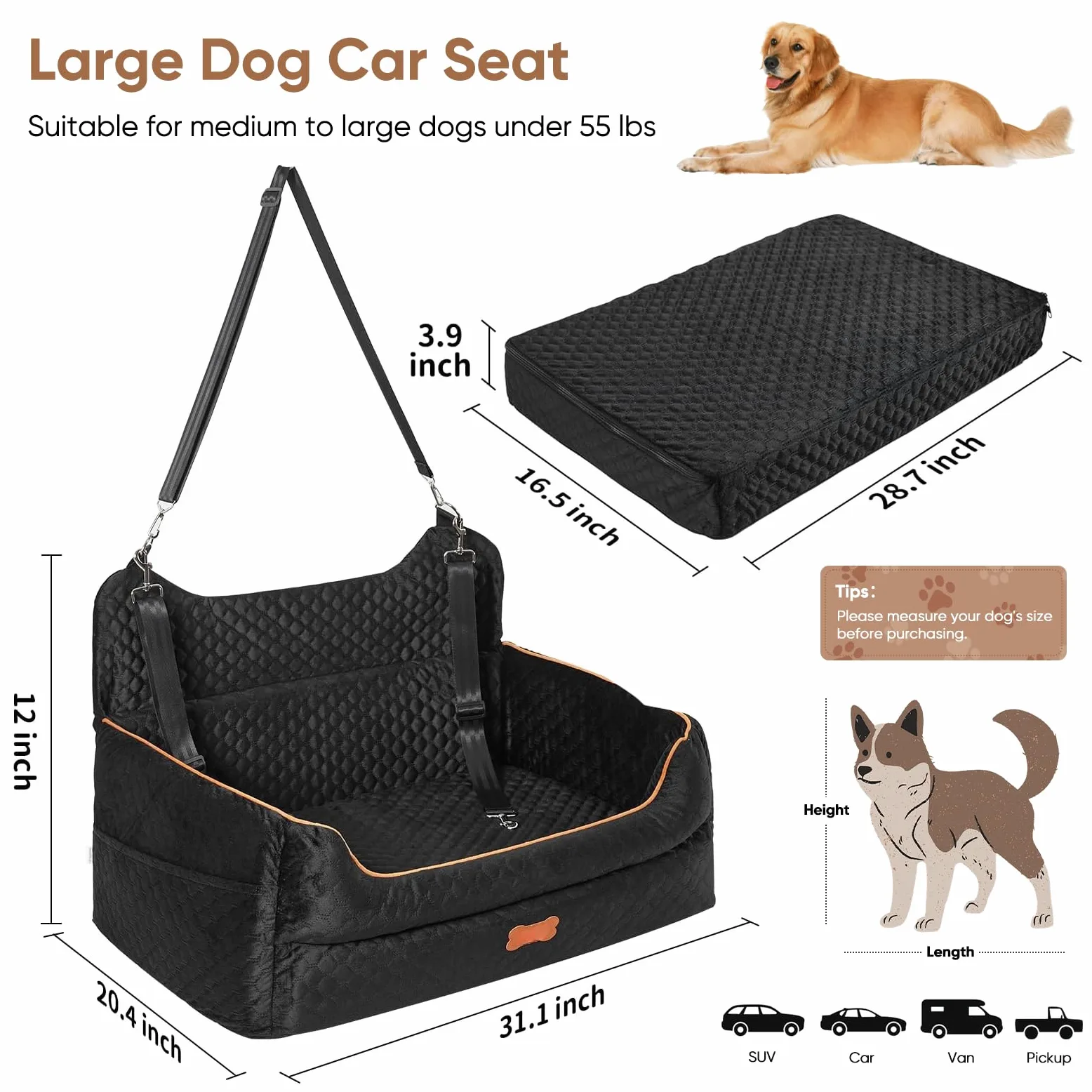 Protector de Asiento de Coche para Mascota, Pecute Asiento de Coche para Perro, Extra Estable Refuerzo de Coche para Perros Grande Mediano Pequeño(70x60x30cm)