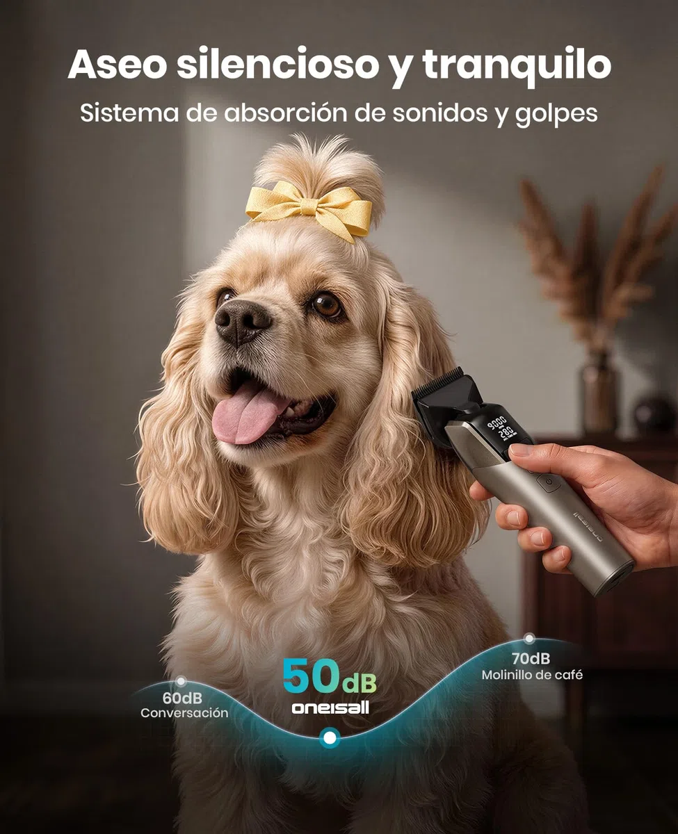 oneisall Maquina Cortar pelo Perros Profesional | 9000 RPM 5 velocidades para pelajes gruesos, cuchilla 5-en-1 DLC, autonomía de 280 min, 8 peines guía metálicos