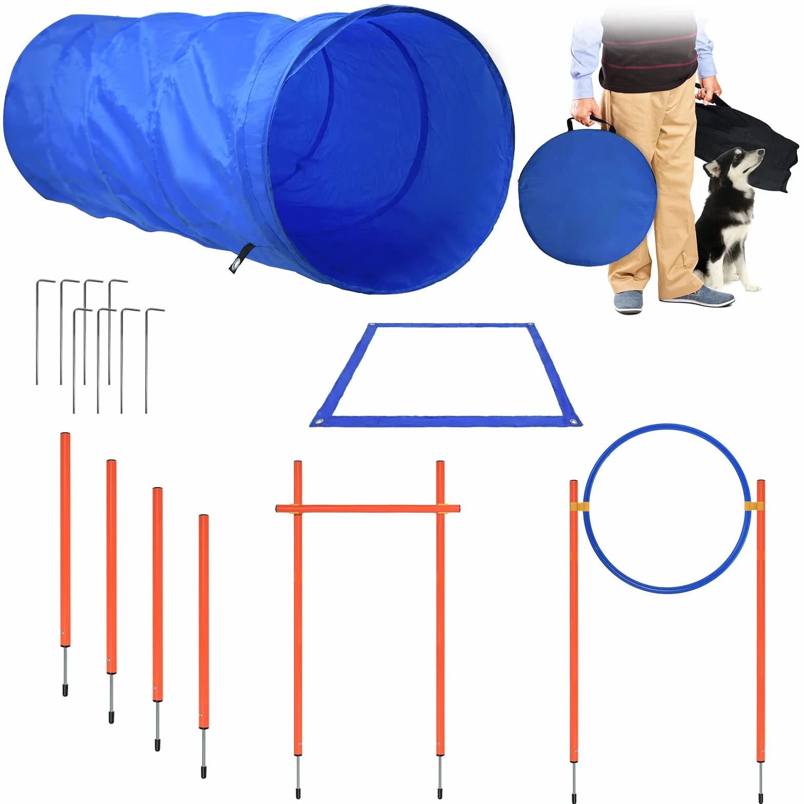 UISEBRT Juego de entrenamiento para mascotas, obstáculos con túnel para perros, obstáculos, túnel de entrenamiento, incluye barra de obstáculos, altura ajustable
